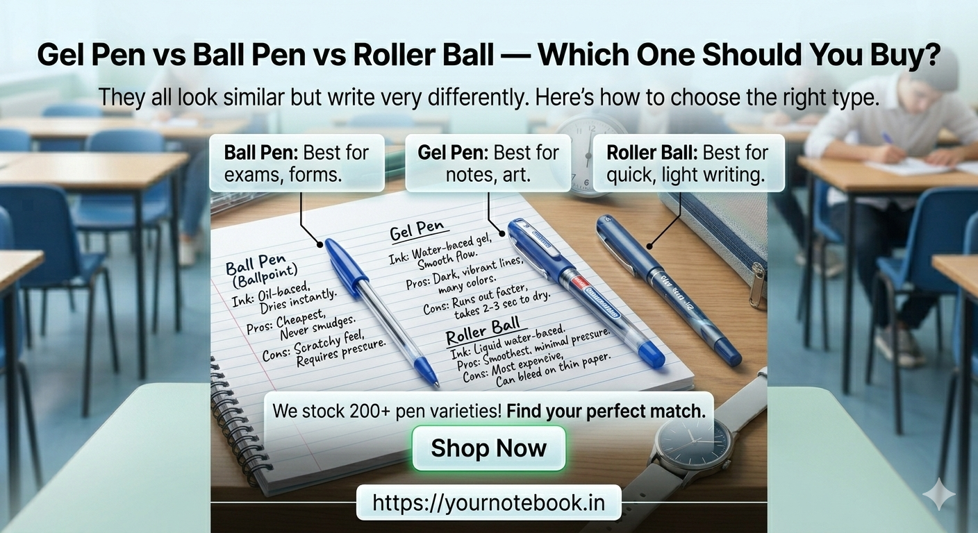 Gel Pen vs Ball Pen vs Roller Ball — Which One Should You Buy?
